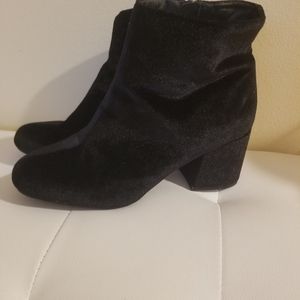 Black velvet velour block heeled booties